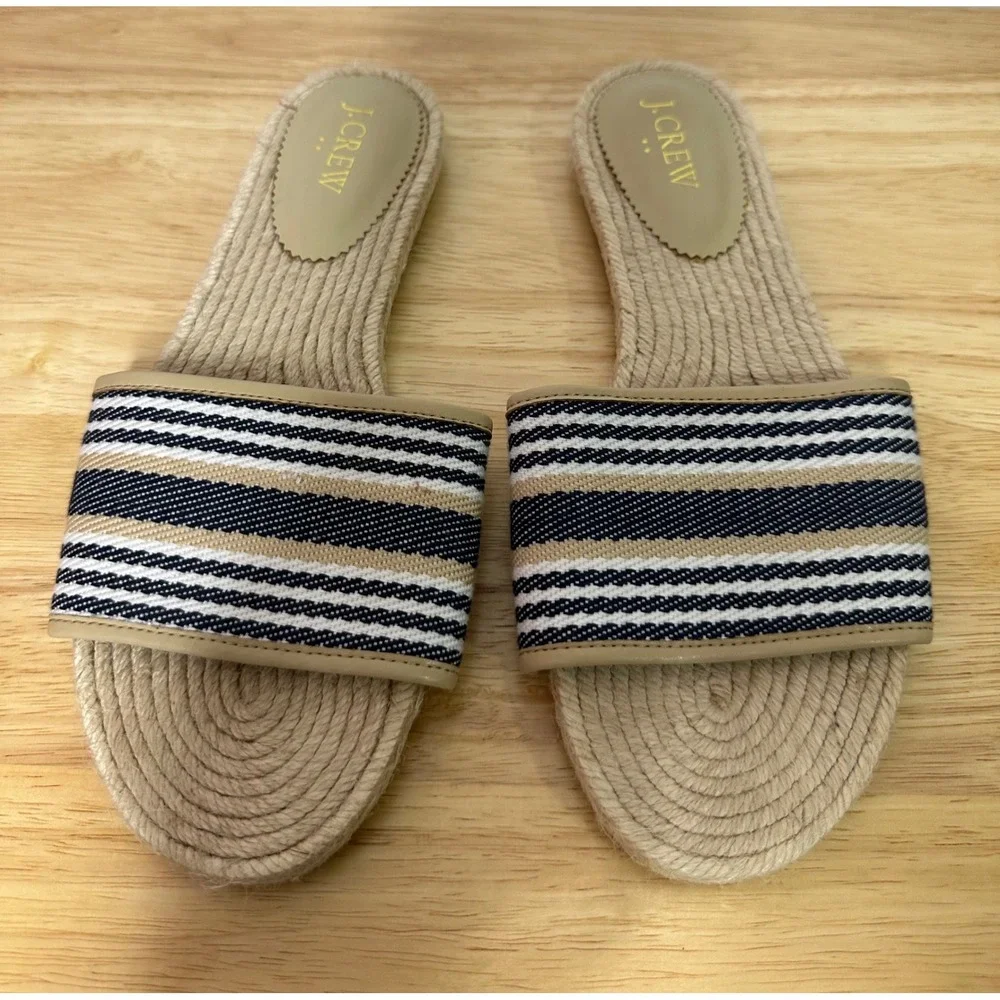 J. Crew Factory Womens Espadrille Slide‎ Sandals 9 Navy Beige Flats Preppy FLAW